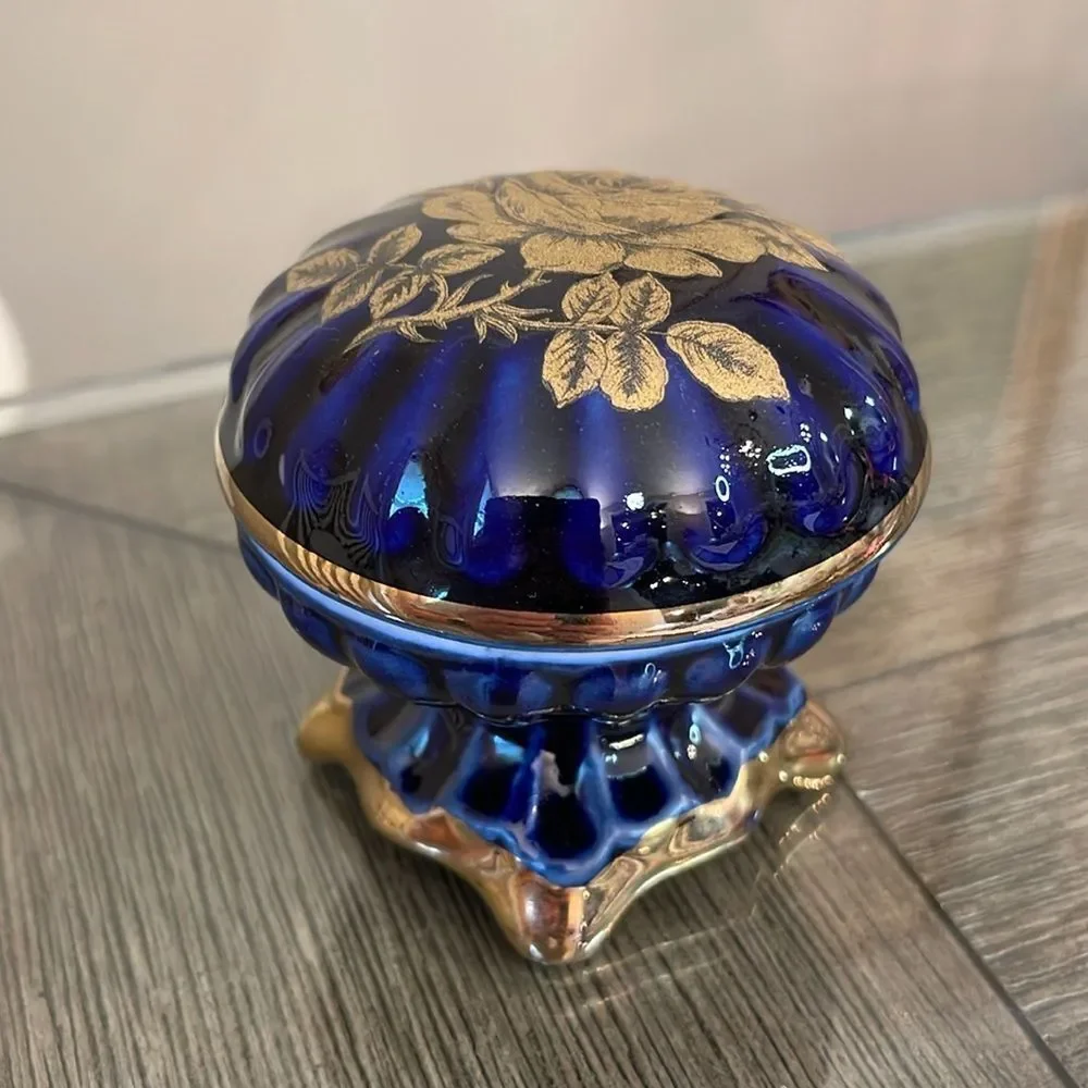 Vintage Cobalt Blue & Gold Footed Trinket Box